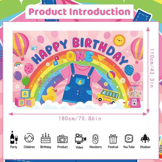 Alt view image 2 of 6 - Rachell Teacher 1st Birthday Decorations - Cartoon English Teacher Happy Birthday Backdrop Banner Rachell Girls Rainbow ABC Photo Background for Fans 1 Year Old Birthday Party