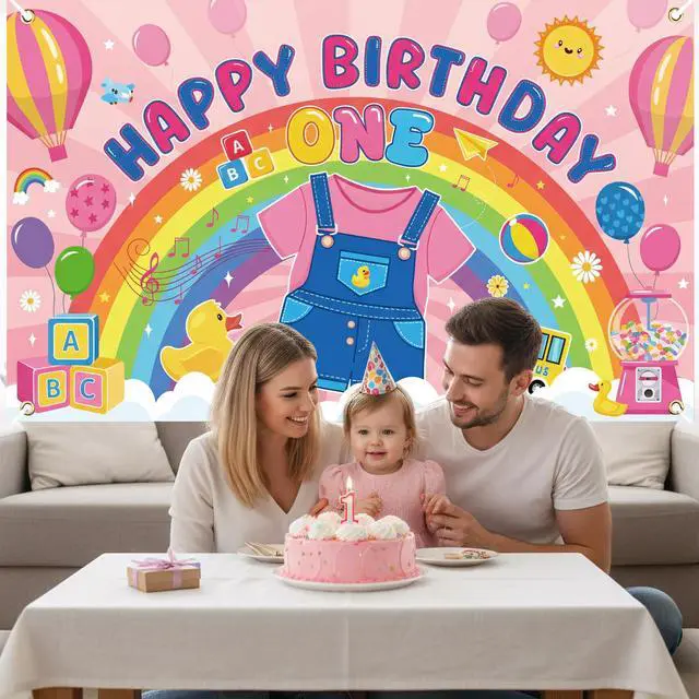 Alt view image 3 of 6 - Rachell Teacher 1st Birthday Decorations - Cartoon English Teacher Happy Birthday Backdrop Banner Rachell Girls Rainbow ABC Photo Background for Fans 1 Year Old Birthday Party
