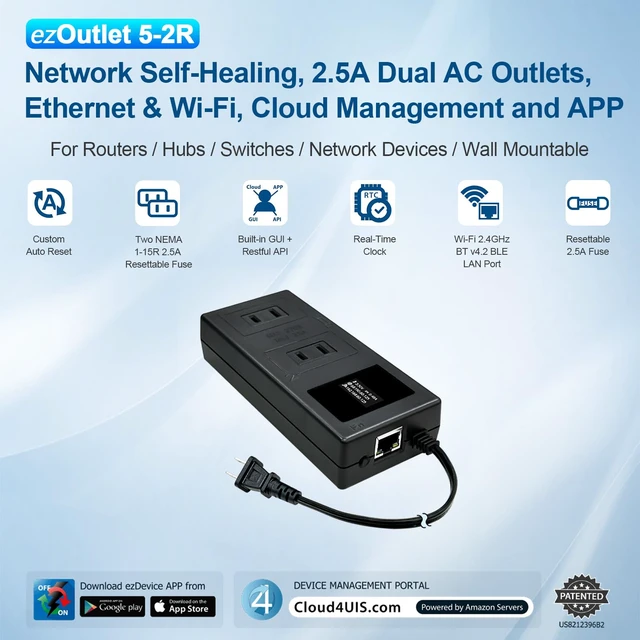Alt view image 2 of 7 - 5-2R Smart Power Reset Device with Auto-Reset, 2 NEMA Sockets 2.5A, Wi-Fi & Bluetooth & App Controllable via LAN/Cloud, Router Rebooter, Remote Scheduling for Network Devices