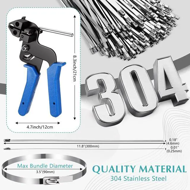 Alt view image 2 of 7 - 500 Pcs Metal Zip Ties Gun Kit, 11.8 Inch 304 Stainless Steel Metal Zip Cable Ties, Heavy Duty Self Locking 220 Pound Tensile Strength Cable for Exhaust Wrapping Fence Outdoor Workshop(Blue)