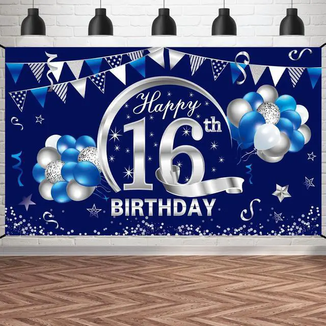 Main image of 16th Birthday Decorations for Boys, Happy 16th Bday Banner Poster | Happy 16th Birthday Backdrop Party Supplies, Photo Background for Celebration, Blue Silver Design