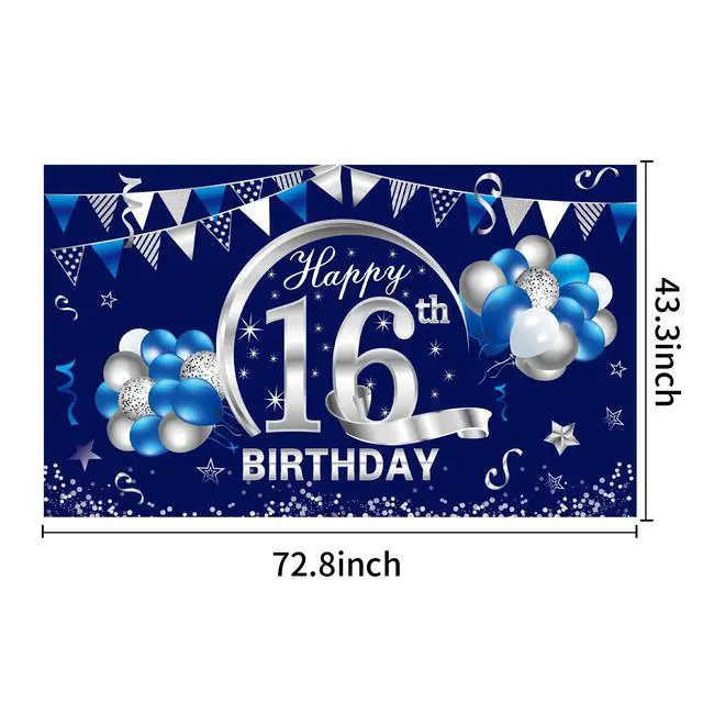 Alt view image 2 of 6 - 16th Birthday Decorations for Boys, Happy 16th Bday Banner Poster | Happy 16th Birthday Backdrop Party Supplies, Photo Background for Celebration, Blue Silver Design