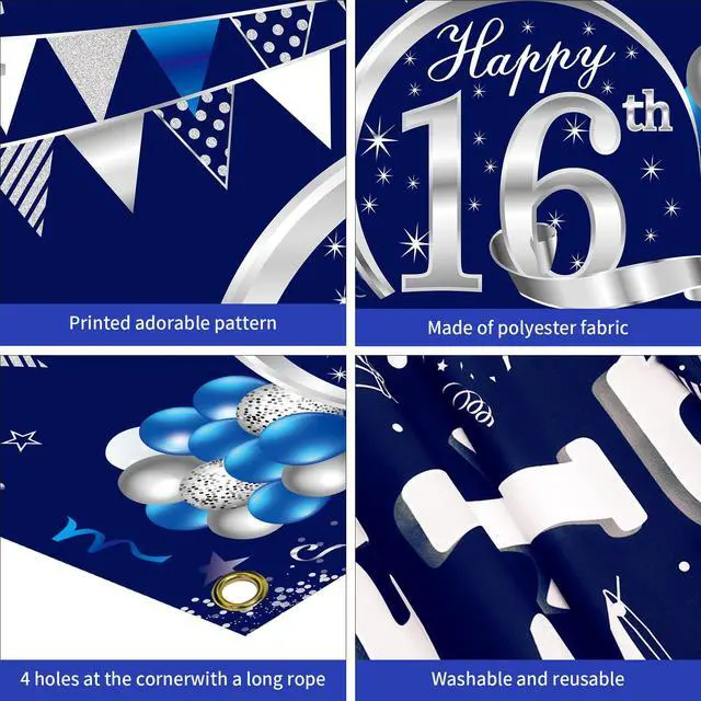 Alt view image 6 of 6 - 16th Birthday Decorations for Boys, Happy 16th Bday Banner Poster | Happy 16th Birthday Backdrop Party Supplies, Photo Background for Celebration, Blue Silver Design