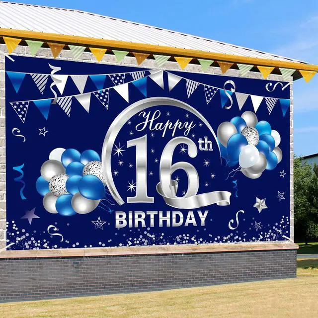 Alt view image 3 of 6 - 16th Birthday Decorations for Boys, Happy 16th Bday Banner Poster | Happy 16th Birthday Backdrop Party Supplies, Photo Background for Celebration, Blue Silver Design