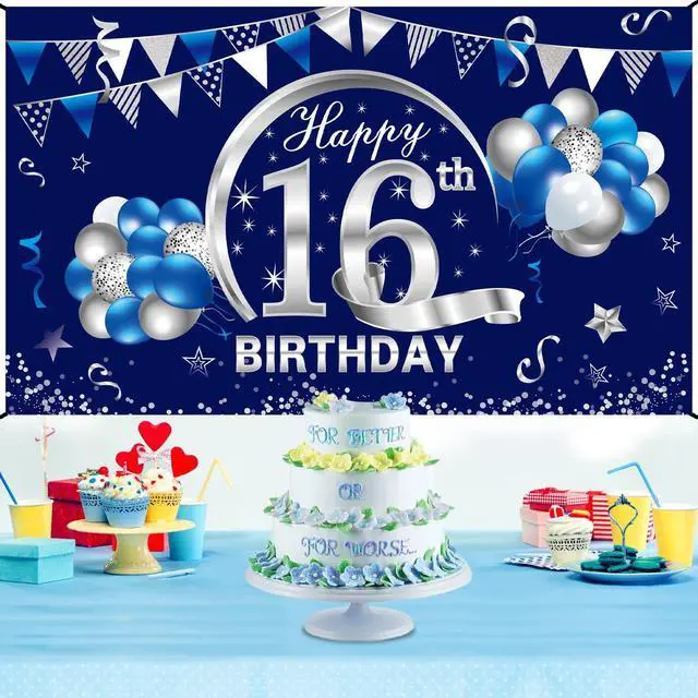Alt view image 4 of 6 - 16th Birthday Decorations for Boys, Happy 16th Bday Banner Poster | Happy 16th Birthday Backdrop Party Supplies, Photo Background for Celebration, Blue Silver Design