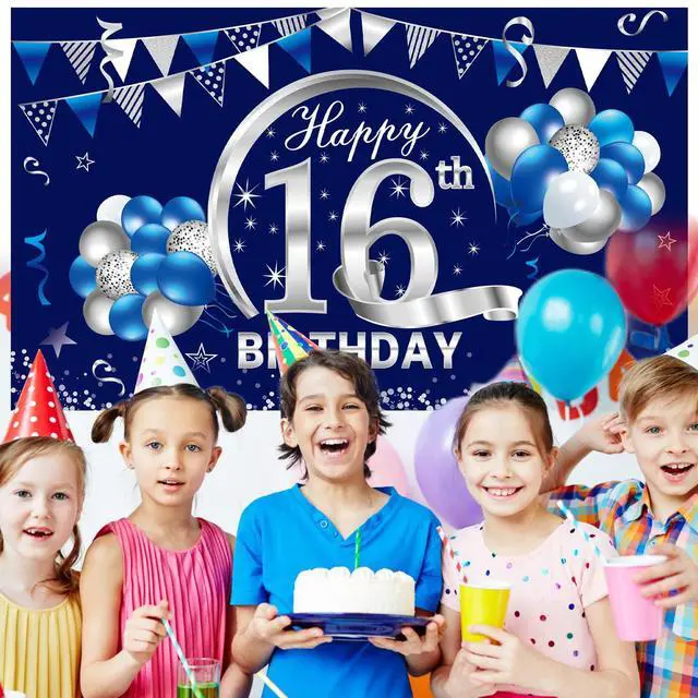 Alt view image 5 of 6 - 16th Birthday Decorations for Boys, Happy 16th Bday Banner Poster | Happy 16th Birthday Backdrop Party Supplies, Photo Background for Celebration, Blue Silver Design