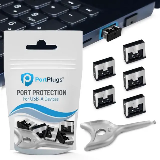 Main image of USB A Metal Port Blockers 5 Pack, Security Locks with Removal Key, Black | Metal security locks, helps deter unauthorized USB access and data connections, removable with included key