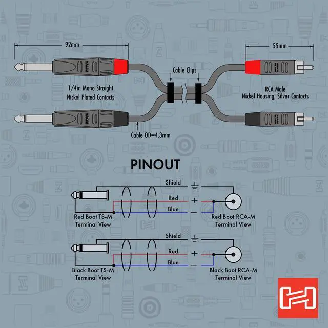 Alt view image 6 of 7 - HPR-003X2 Pro Stereo Interconnect Cable - Dual REAN 1/4-inch TS Male to RCA Male - 3 foot