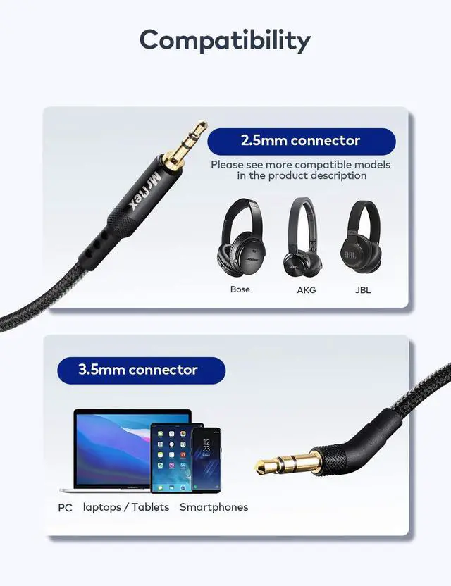 Alt view image 2 of 7 - 2.5mm to 3.5mm Audio Cable Headphone Replacement Cord Nylon Braided Aux Cable Stereo Adapter for Bose 700 QuietComfort QC45 QC35II QC35 QC25 Headphones, JBL E45BT E55BT Headsets 10ft/3m,Black