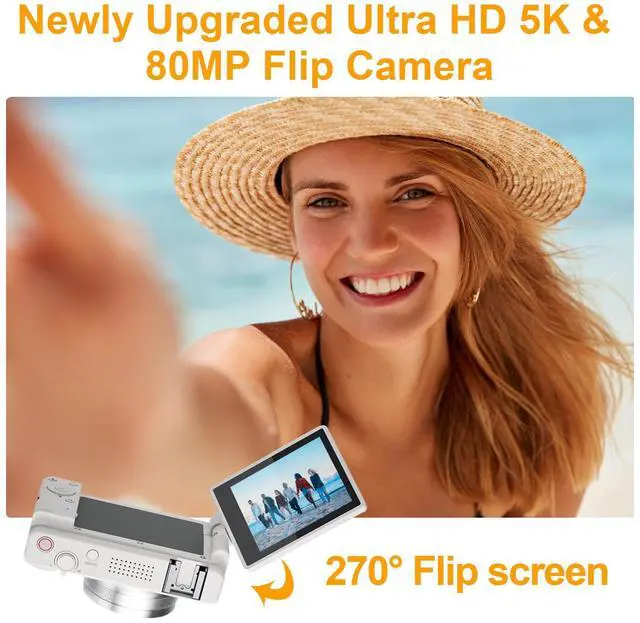 Alt view image 2 of 7 - 5K Digital-Cameras Flip Screen for Photography,Upgraded Autofocus 80MP Vlogging Camera for YouTube, 3" 270° Dual Lens Selfie Camera with18x Digital Zoom, 64GB SD Card, 2 Batteries & Charger,White