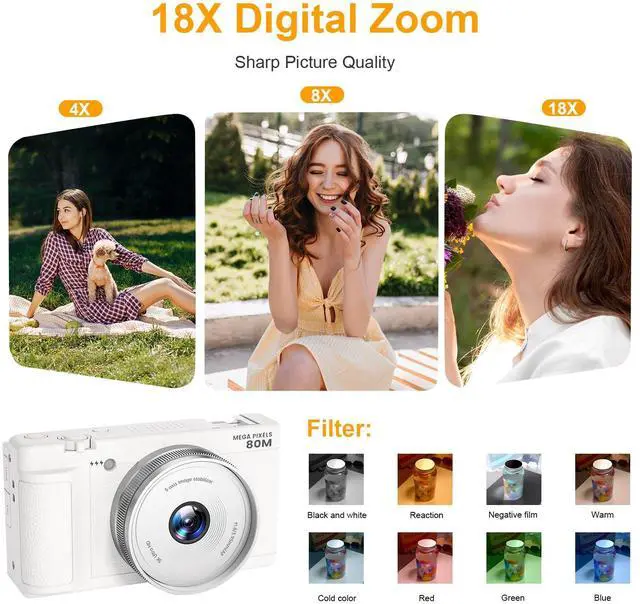 Alt view image 4 of 7 - 5K Digital-Cameras Flip Screen for Photography,Upgraded Autofocus 80MP Vlogging Camera for YouTube, 3" 270° Dual Lens Selfie Camera with18x Digital Zoom, 64GB SD Card, 2 Batteries & Charger,White