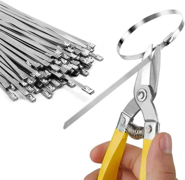 Main image of Metal Zip Ties with Scissors Heavy Duty 304 Stainless Steel 50PK | Industrial grade metallic straps & shears for chain link fencing, chicken coops & wire mesh. Weatherproof hardware