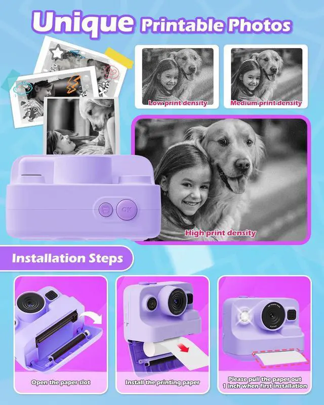 Alt view image 4 of 6 - Instant Camera Toys for Age 3-12 Girls Boys Christmas Birthday Party Gift Ideas - 2.4 inch IPS Screen Kids Digital Camera with 1080P Video Recorder 32GB SD Card with 3 Paper Rolls Purple