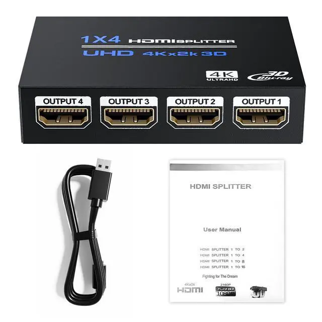 Alt view image 7 of 7 - HDMI Splitter 1 in 4 Out 4K@30Hz, Powered 1x4 HDMI Video Splitter 4 Ports with Power Cord, Duplicate/Mirror Screen, Supports UltralHD 3D 1080P HDCP 1.4 for HDTV, STB, DVD, PS5/4/3, Projector, Etc