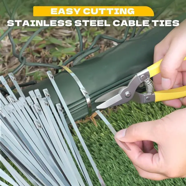 Alt view image 3 of 7 - Metal Zip Ties with Scissors Heavy Duty 304 Stainless Steel 50PK | Industrial grade metallic straps & shears for chain link fencing, chicken coops & wire mesh. Weatherproof hardware