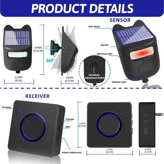 Alt view image 7 of 7 - Solar Driveway Alarms Wireless Outside Weatherproof Motion Detector & Sensor for 1000ft Long Range - No Need Replace Batteries Security Driveway Alert System - Monitor & Protect Outside Property