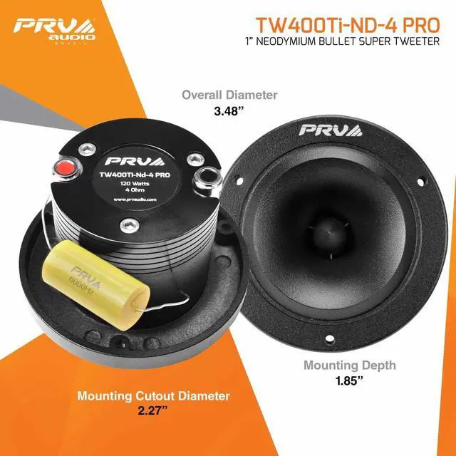 Alt view image 3 of 5 - Bullet Super Tweeters Neodymium 240 Watts RMS 4 Ohm, 3.50 Inch PRV Black TW400Ti-Nd-4 PRO, Easy to Mount - High Output (2 Tweeters, Pair)