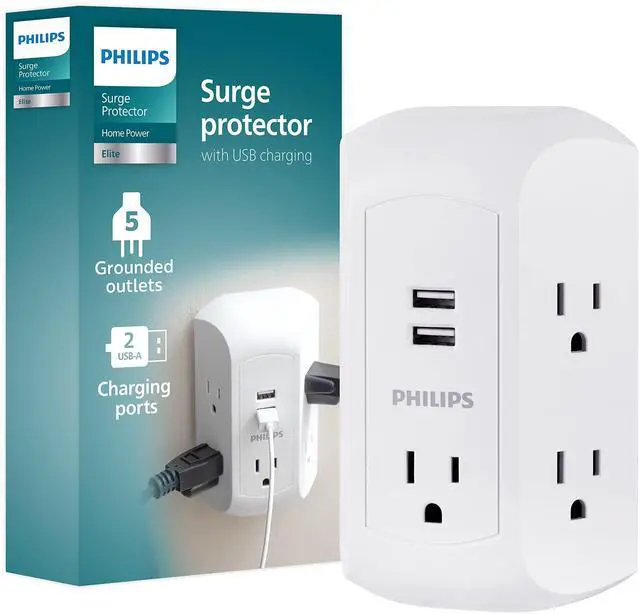 Main image of 5-Outlet Extender, Grounded Wall Tap, 3-Prong, 2 USB-A | Surge Protector, Adapter Spaced Outlets, Side Access, 560 Joules, Quick and Easy Install, White, SPS5002WA/37