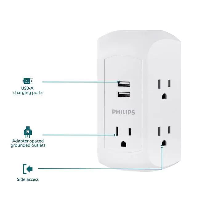 Alt view image 2 of 6 - 5-Outlet Extender, Grounded Wall Tap, 3-Prong, 2 USB-A | Surge Protector, Adapter Spaced Outlets, Side Access, 560 Joules, Quick and Easy Install, White, SPS5002WA/37