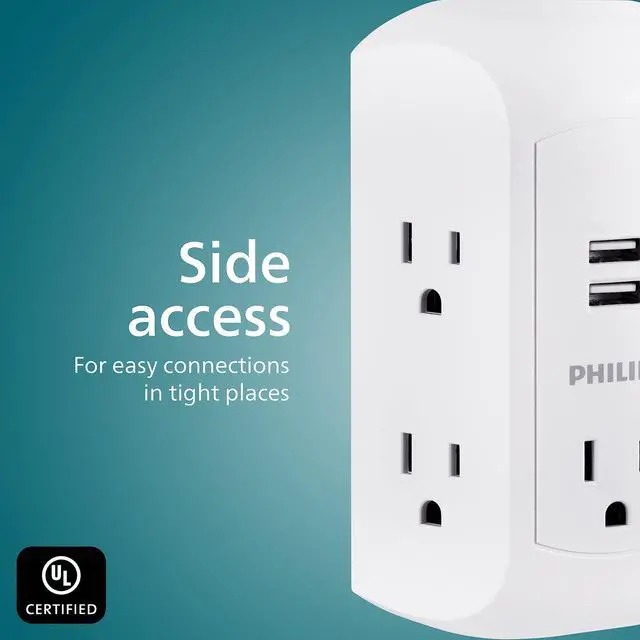 Alt view image 3 of 6 - 5-Outlet Extender, Grounded Wall Tap, 3-Prong, 2 USB-A | Surge Protector, Adapter Spaced Outlets, Side Access, 560 Joules, Quick and Easy Install, White, SPS5002WA/37