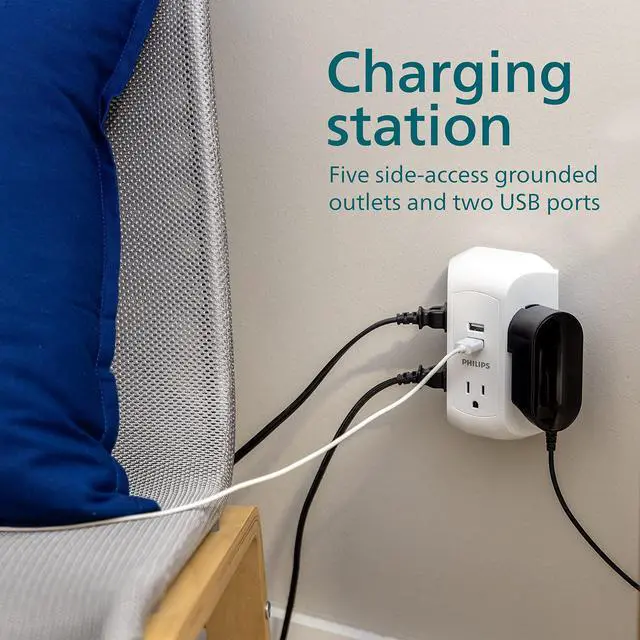 Alt view image 4 of 6 - 5-Outlet Extender, Grounded Wall Tap, 3-Prong, 2 USB-A | Surge Protector, Adapter Spaced Outlets, Side Access, 560 Joules, Quick and Easy Install, White, SPS5002WA/37