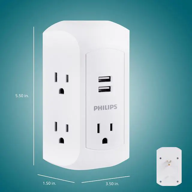 Alt view image 6 of 6 - 5-Outlet Extender, Grounded Wall Tap, 3-Prong, 2 USB-A | Surge Protector, Adapter Spaced Outlets, Side Access, 560 Joules, Quick and Easy Install, White, SPS5002WA/37