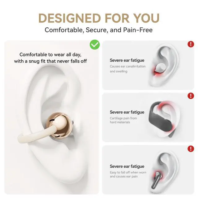 Alt view image 4 of 7 - Clip On Earbuds Open Ear Headphones Wireless Bluetooth 6.0 with Makeup Mirror LED Light,48H Playtime,IPX6 Waterproof,Touch Control All-Day&Comfort Ideal for Women,Sports,Workouts (Orange)