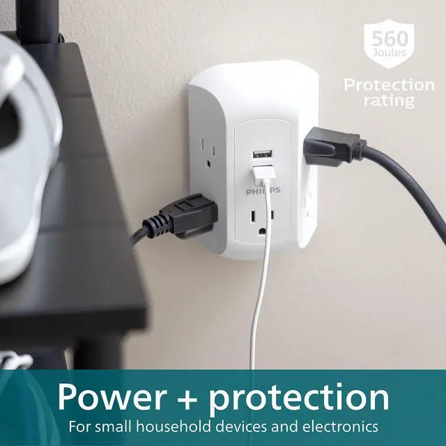 Alt view image 5 of 6 - 5-Outlet Extender, Grounded Wall Tap, 3-Prong, 2 USB-A | Surge Protector, Adapter Spaced Outlets, Side Access, 560 Joules, Quick and Easy Install, White, SPS5002WA/37