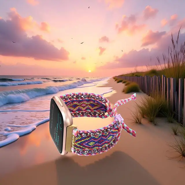 Alt view image 5 of 7 - Boho Braided Bracelet Compatible with Fitbit Versa 4/Versa 3/Sense/Sense 2 Bands for Women, Handmade Woven Beaded Strap for Fitbit Smartwatch