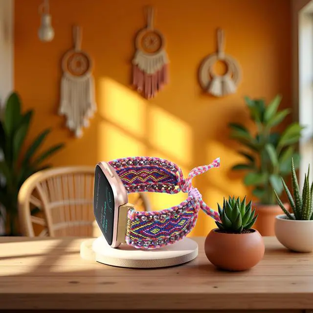 Alt view image 6 of 7 - Boho Braided Bracelet Compatible with Fitbit Versa 4/Versa 3/Sense/Sense 2 Bands for Women, Handmade Woven Beaded Strap for Fitbit Smartwatch