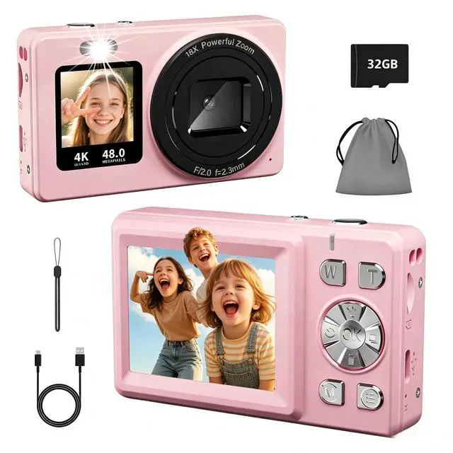Main image of Digital Camera, 4K 48MP Autofocus Dual Screen for Selfies, 18X Zoom Fill Light, Portable Point and Shoot Travel Camera with 32GB SD Card for Kids, Teens, Girls, Boys- Pink
