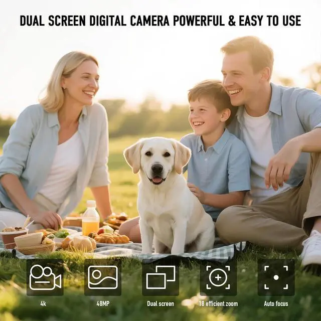 Alt view image 2 of 7 - Digital Camera, 4K 48MP Autofocus Dual Screen for Selfies, 18X Zoom Fill Light, Portable Point and Shoot Travel Camera with 32GB SD Card for Kids, Teens, Girls, Boys- Pink