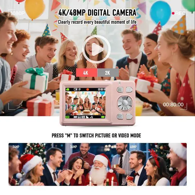 Alt view image 3 of 7 - Digital Camera, 4K 48MP Autofocus Dual Screen for Selfies, 18X Zoom Fill Light, Portable Point and Shoot Travel Camera with 32GB SD Card for Kids, Teens, Girls, Boys- Pink