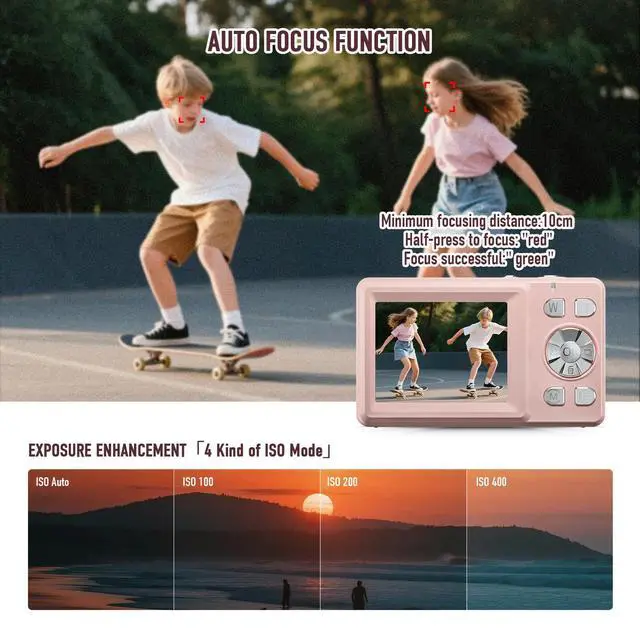 Alt view image 6 of 7 - Digital Camera, 4K 48MP Autofocus Dual Screen for Selfies, 18X Zoom Fill Light, Portable Point and Shoot Travel Camera with 32GB SD Card for Kids, Teens, Girls, Boys- Pink