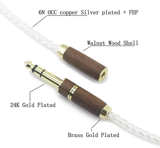 Alt view image 2 of 6 - 3.5mm 1/8" TRS Male and 6.35mm 1/4" Adapter to 4.4mm Balanced Female Headphone Audio Adapter Cable 8 Cores 6N OCC Copper Single Crystal Silver Plated Wire Walnut Wood Shell