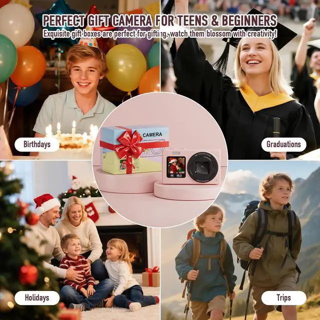 Alt view image 7 of 7 - Digital Camera, 4K 48MP Autofocus Dual Screen for Selfies, 18X Zoom Fill Light, Portable Point and Shoot Travel Camera with 32GB SD Card for Kids, Teens, Girls, Boys- Pink