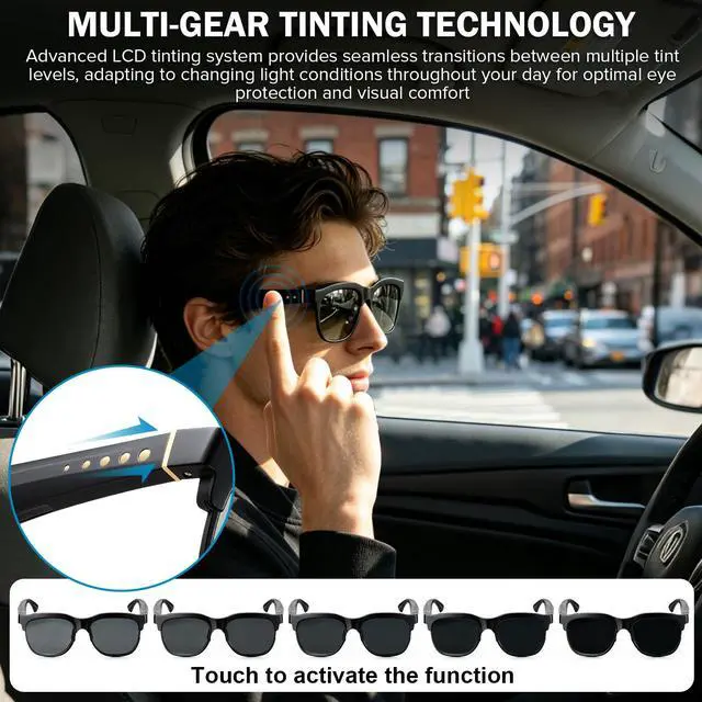 Alt view image 2 of 7 - Smart Bluetooth Sunglasses, Manual Electrochromic Tint, Open-Ear Audio | Manual Multi-level Tint Control, Open-ear Stereo Sound, Bluetooth 5.4, Driving/Travel/Fishing, Unisex Gift