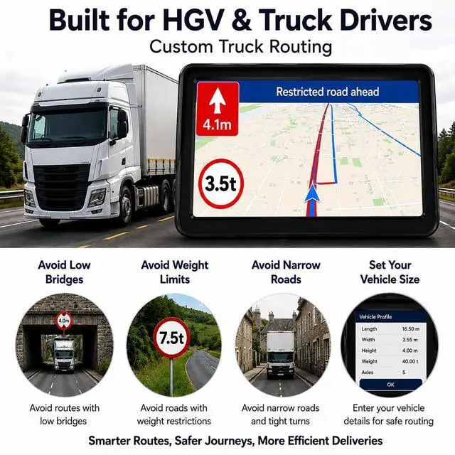 Alt view image 3 of 6 - Truck GPS Navigation 9" for Truck & RV Drivers Custom Routing by Size & Weight, Free Map Updates, Voice Directions, Speed Alerts, Lane Assist, Offline GPS System