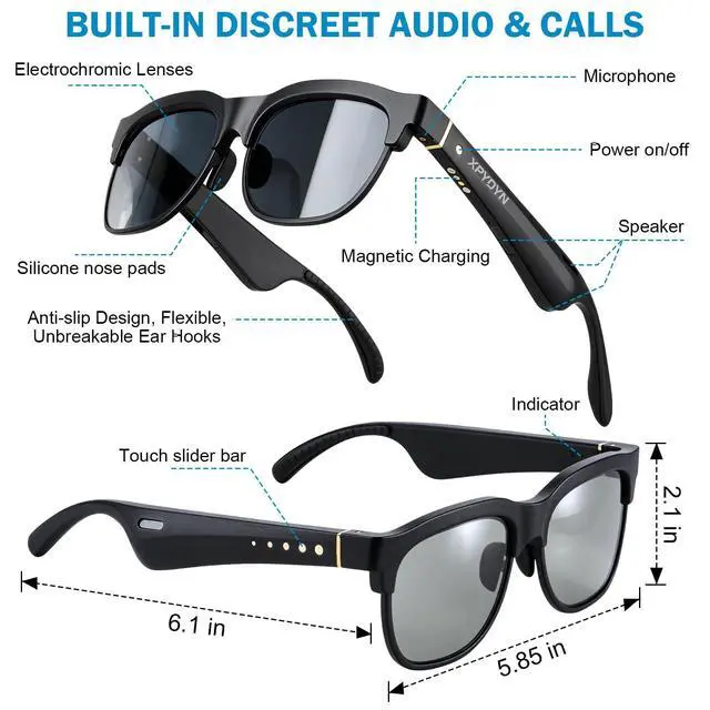 Alt view image 5 of 7 - Smart Bluetooth Sunglasses, Manual Electrochromic Tint, Open-Ear Audio | Manual Multi-level Tint Control, Open-ear Stereo Sound, Bluetooth 5.4, Driving/Travel/Fishing, Unisex Gift
