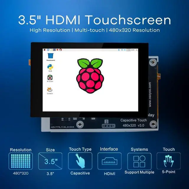 Alt view image 2 of 7 - 3.5 inch HDMI Capacitive Touch Screen for Jetson Nano/Raspberry Pi 5, 4, 3B / PC, Pulg and Play, Compatible with Windows 11 10 8 7, Raspberry Pi OS, Ubutun, Kali