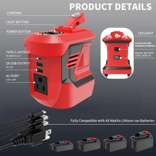 Alt view image 4 of 7 - 300W Portable Power Inverter for Makita 20V, DC to AC 110V Outdoor Generator Battery Converter with Type-C & Dual USB, Portable Power Station with LED Light