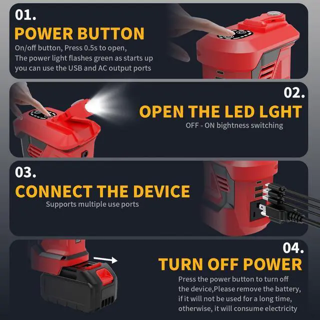 Alt view image 5 of 7 - 300W Portable Power Inverter for Makita 20V, DC to AC 110V Outdoor Generator Battery Converter with Type-C & Dual USB, Portable Power Station with LED Light