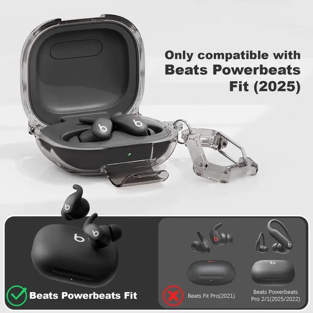 Alt view image 2 of 7 - for Powerbeats Fit Case with Secure Safety Lock & Phone Stand (Clear Black) | Shockproof Scratch-Resistant TPU Transparent Cover Accessories for Beats Powerbeats Fit 2025 with Keychain & Cleaner Pen
