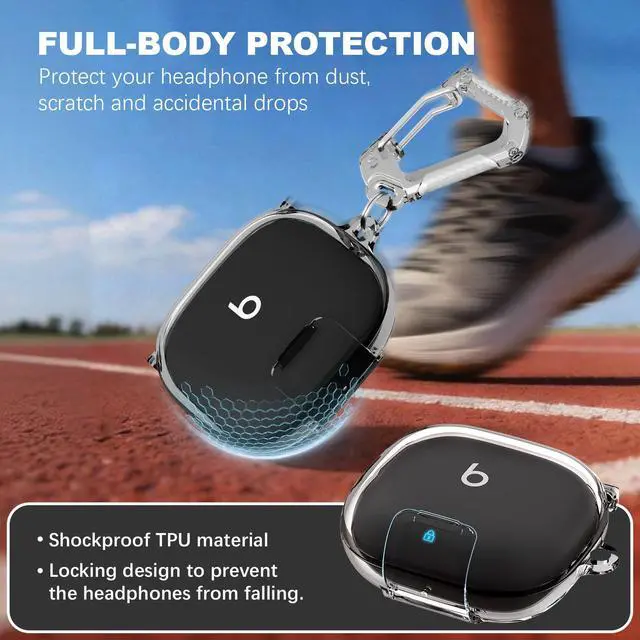Alt view image 3 of 7 - for Powerbeats Fit Case with Secure Safety Lock & Phone Stand (Clear Black) | Shockproof Scratch-Resistant TPU Transparent Cover Accessories for Beats Powerbeats Fit 2025 with Keychain & Cleaner Pen