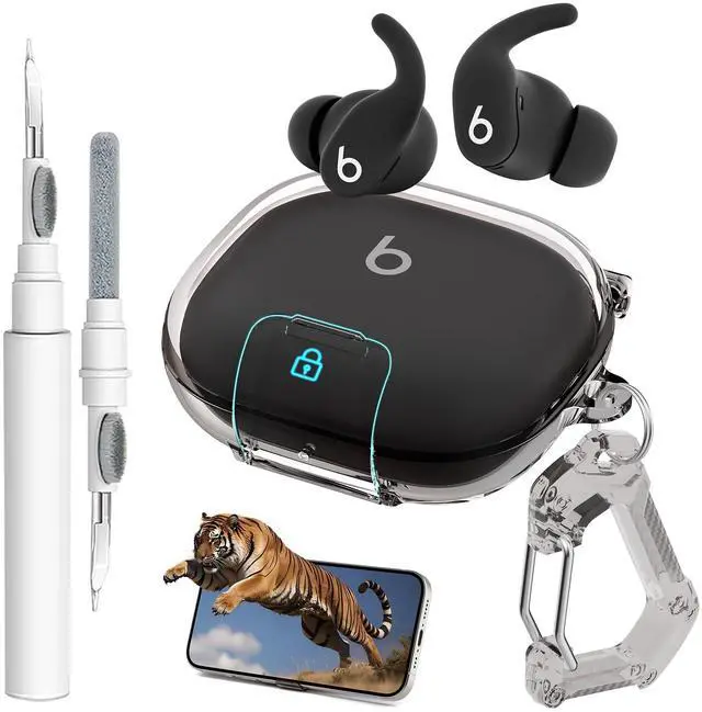 Main image of for Powerbeats Fit Case with Secure Safety Lock & Phone Stand (Clear Black) | Shockproof Scratch-Resistant TPU Transparent Cover Accessories for Beats Powerbeats Fit 2025 with Keychain & Cleaner Pen