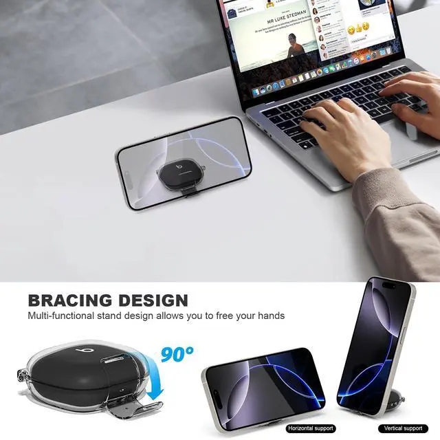Alt view image 4 of 7 - for Powerbeats Fit Case with Secure Safety Lock & Phone Stand (Clear Black) | Shockproof Scratch-Resistant TPU Transparent Cover Accessories for Beats Powerbeats Fit 2025 with Keychain & Cleaner Pen