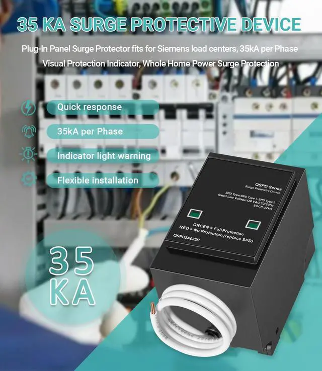 Alt view image 2 of 7 - Replacement for Siemens QSPD2A035B 35kA Indoor Surge Protective Device, Whole House Surge Protector for Electrical Panel, 2-Pole Plug-On for 120/240V Load Centers with Mechanical Status Indicator