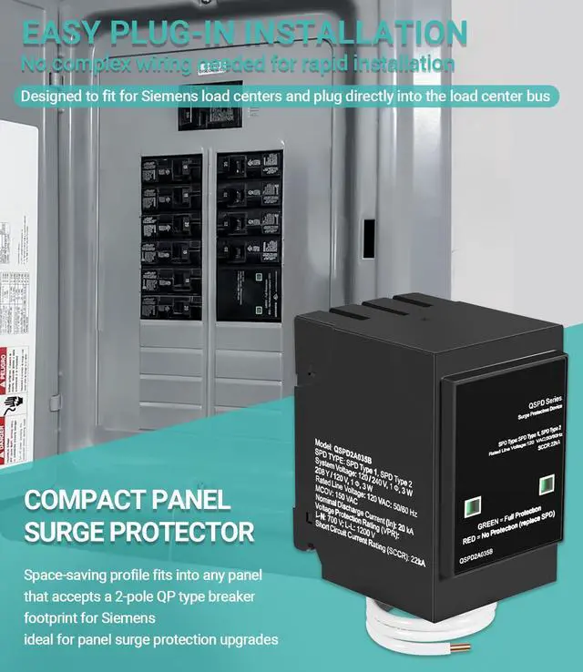 Alt view image 6 of 7 - Replacement for Siemens QSPD2A035B 35kA Indoor Surge Protective Device, Whole House Surge Protector for Electrical Panel, 2-Pole Plug-On for 120/240V Load Centers with Mechanical Status Indicator