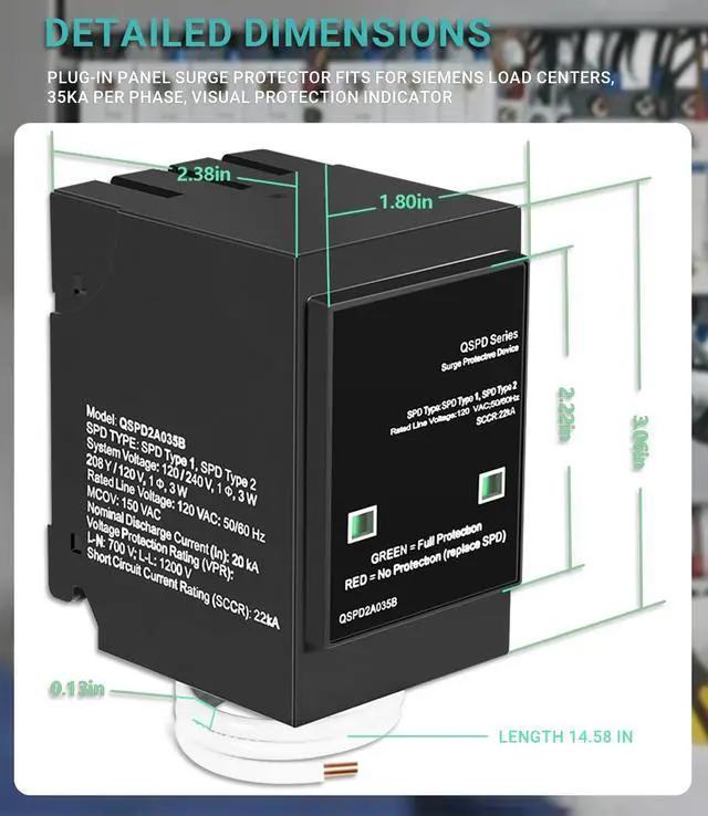 Alt view image 7 of 7 - Replacement for Siemens QSPD2A035B 35kA Indoor Surge Protective Device, Whole House Surge Protector for Electrical Panel, 2-Pole Plug-On for 120/240V Load Centers with Mechanical Status Indicator