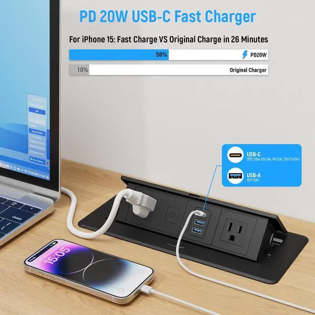 Alt view image 2 of 7 - Recessed Power Strip with 2 AC, 2 USB-A, USB-C Ports, Pop Up Power Outlet with PD 20W USB C Fast Charger, Receptacle Outlet with Switch and 6FT Cord for Conference Office Countertop, UL Listed,Black